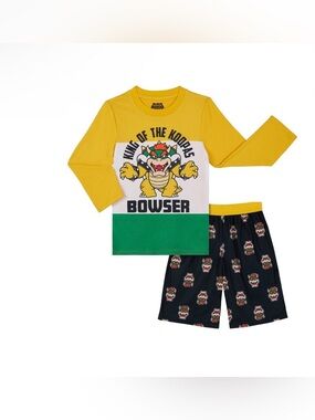 Bowser Boys Long Sleeve Sleep Top and Shorts Pajama Set, 2-Piece.